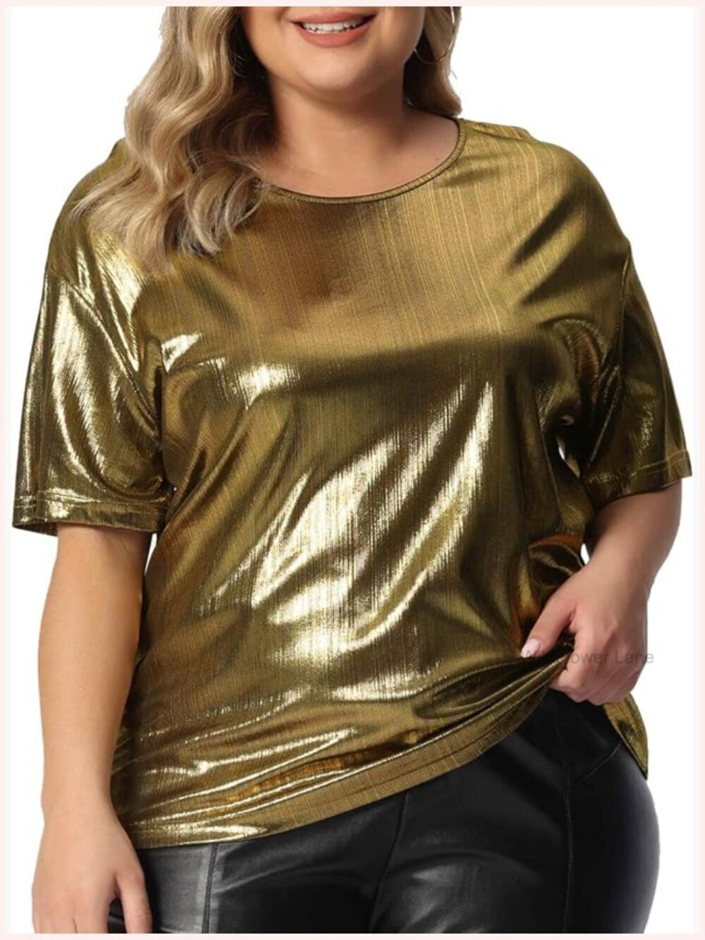 Plus Size Metallic Party Top Round Neck Short Sleeve Sparkly Blouse